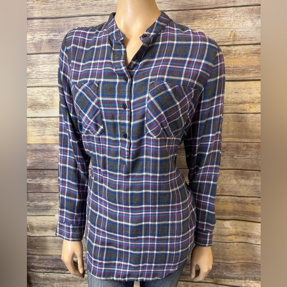 Lucky Brand Plaid Flannel Popover Top L Large Purple Gray Half Button Tunic - Picture 1 of 6